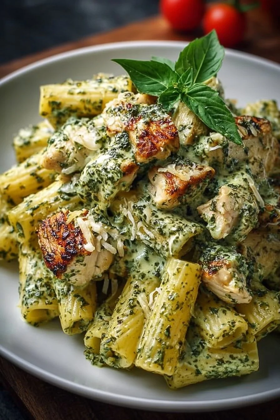 Creamy pesto chicken pasta dish with fresh basil and cherry tomatoes