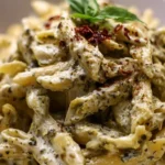 Creamy pesto pasta dish garnished with basil and parmesan cheese