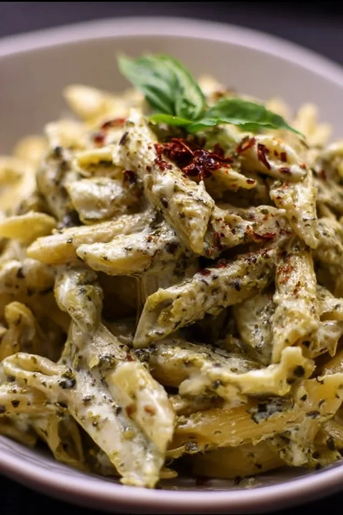 Creamy pesto pasta dish garnished with basil and parmesan cheese