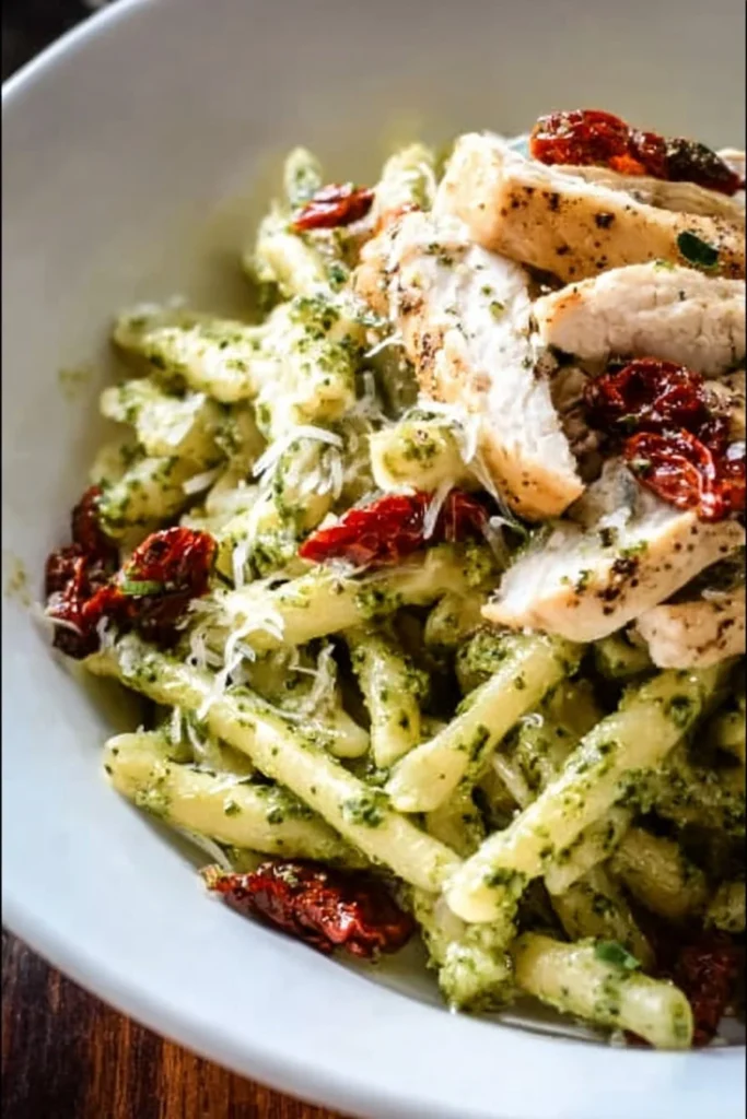 Creamy pesto pasta with chicken and sun-dried tomatoes in a bowl