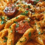Creamy spicy Cajun sausage pasta served in a bowl with colorful ingredients