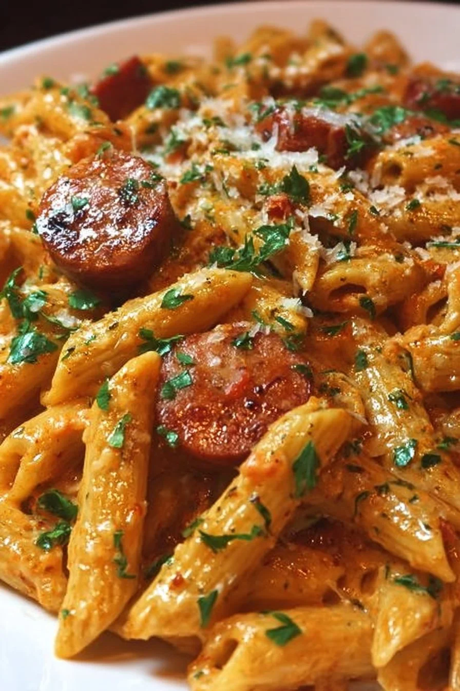Creamy spicy Cajun sausage pasta served in a bowl with colorful ingredients