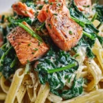 Creamy spinach and salmon pasta dish garnished with fresh herbs