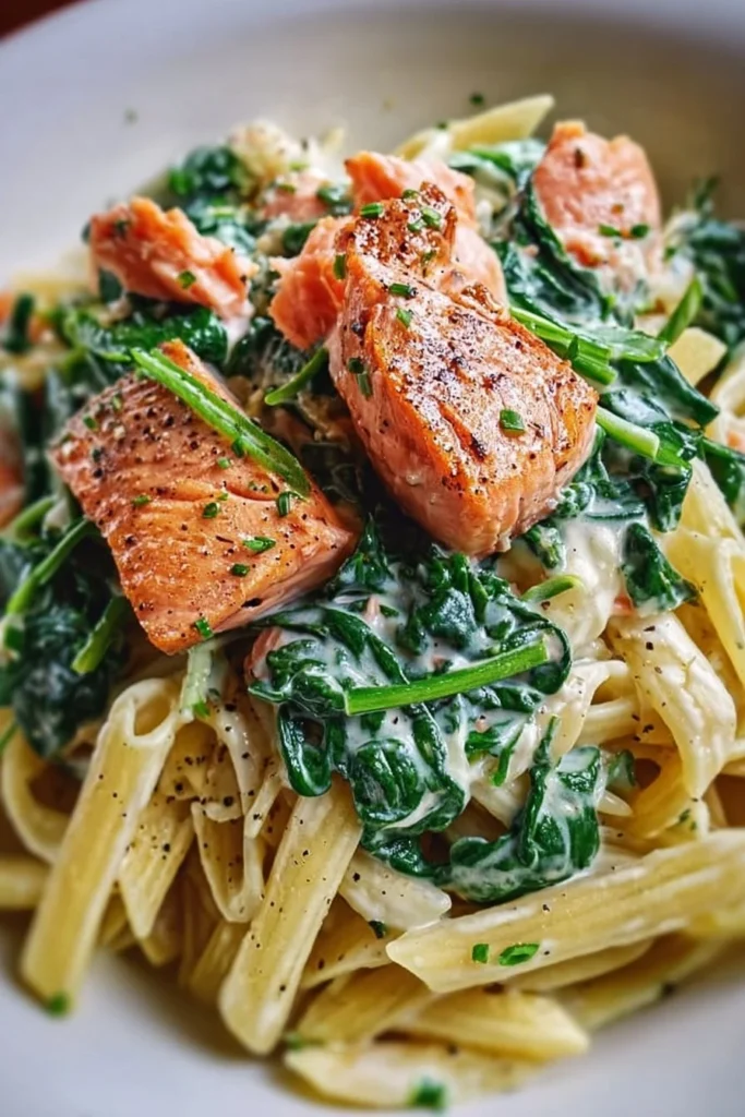 Creamy spinach and salmon pasta dish garnished with fresh herbs