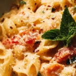 Creamy tomato basil pasta dish garnished with fresh basil leaves.
