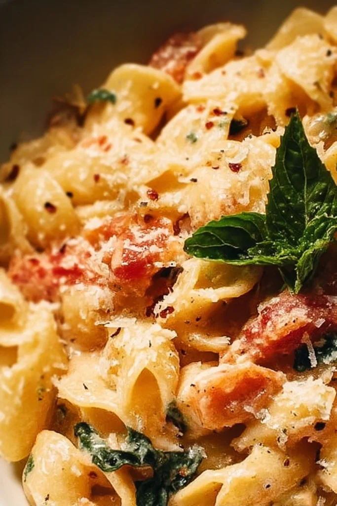 Creamy tomato basil pasta dish garnished with fresh basil leaves.