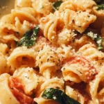 Creamy tomato basil pasta dish with fresh basil and juicy tomatoes