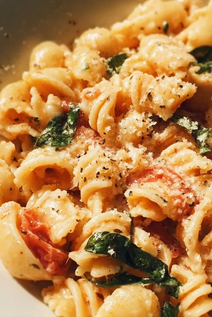 Creamy tomato basil pasta dish with fresh basil and juicy tomatoes