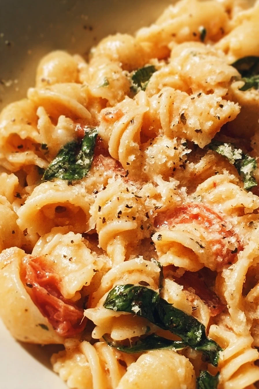 Creamy tomato basil pasta dish with fresh basil and juicy tomatoes