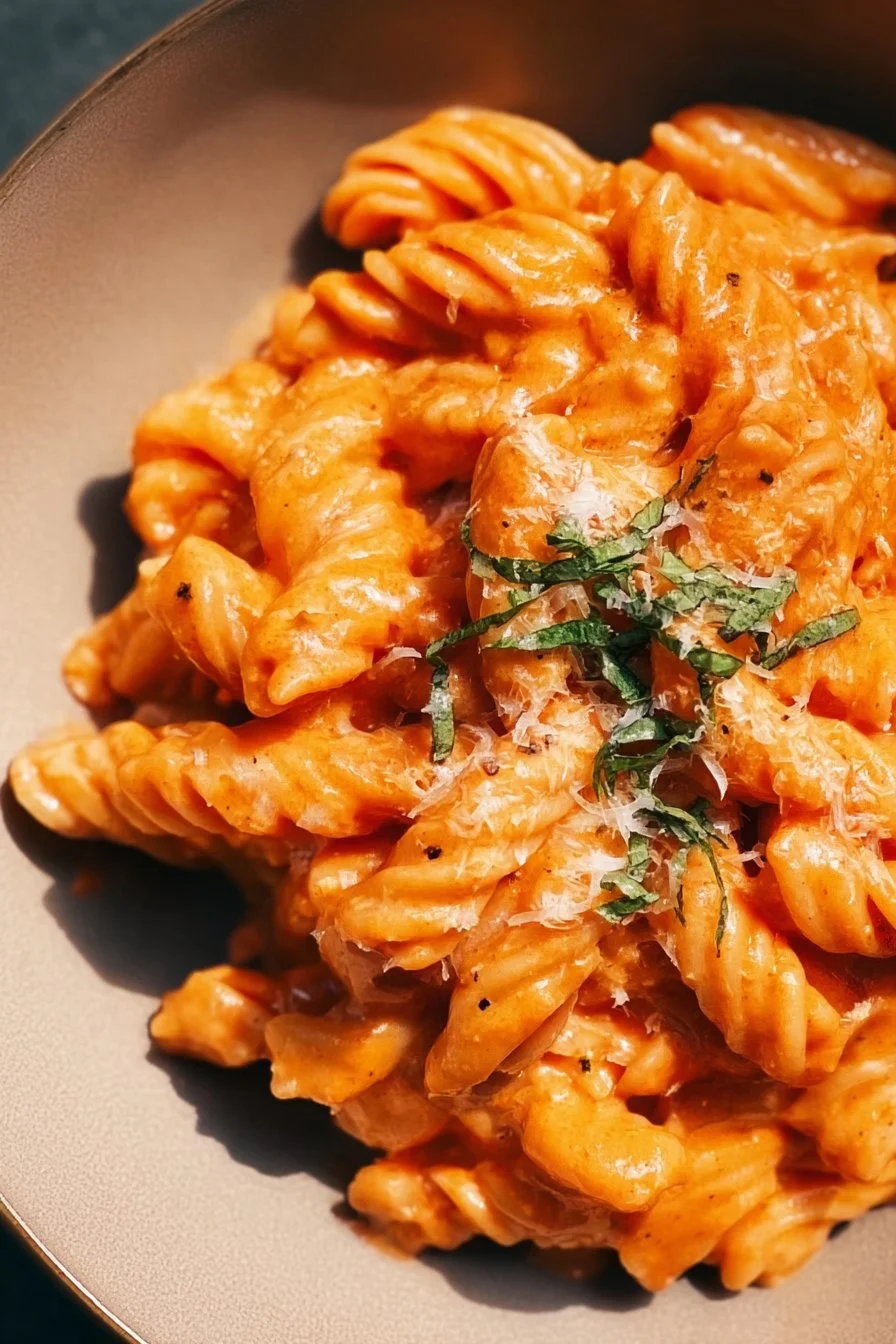 Creamy tomato pasta topped with fresh basil in a bowl