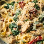 Delicious creamy Tuscan chicken pasta served with herbs and vegetables