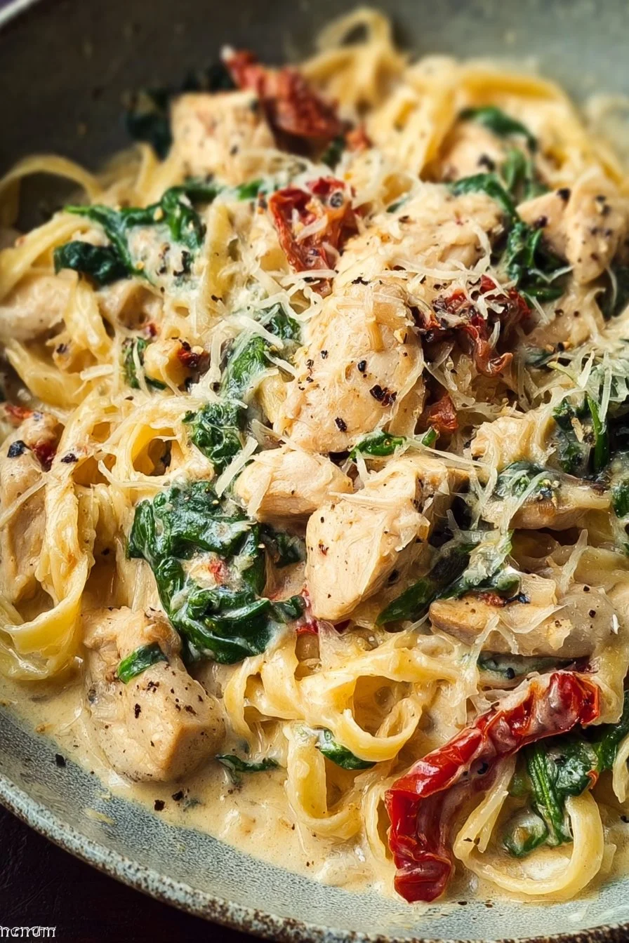 Delicious creamy Tuscan chicken pasta served with herbs and vegetables