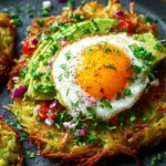 Crispy avocado hash browns served on a plate with fresh herbs