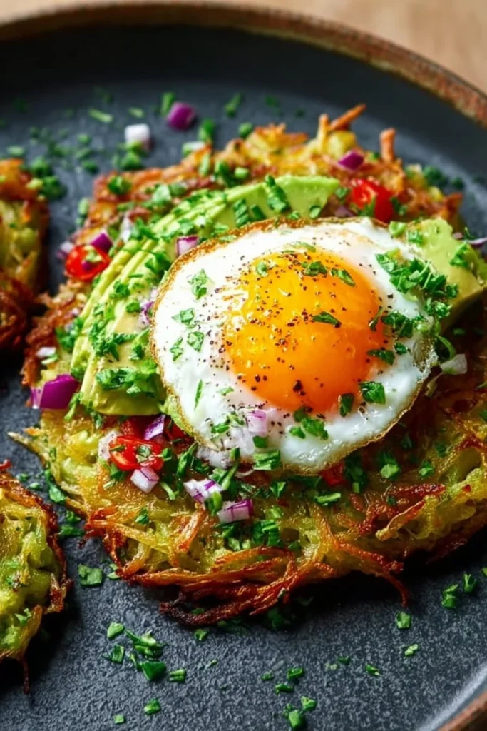 Crispy avocado hash browns served on a plate with fresh herbs