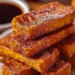 Crispy pumpkin French toast sticks served with maple syrup and sprinkled with cinnamon.