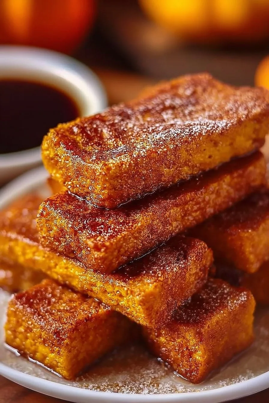 Crispy pumpkin French toast sticks served with maple syrup and sprinkled with cinnamon.