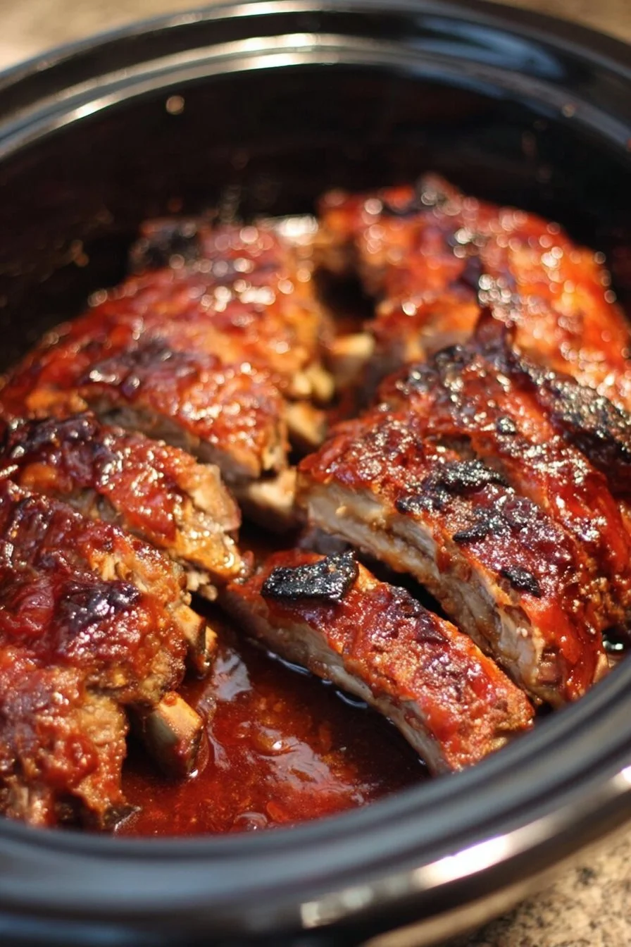 Crock pot barbecue ribs served on a plate with barbecue sauce and garnishes.