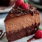 Decadent chocolate mousse cake topped with chocolate shavings and berries