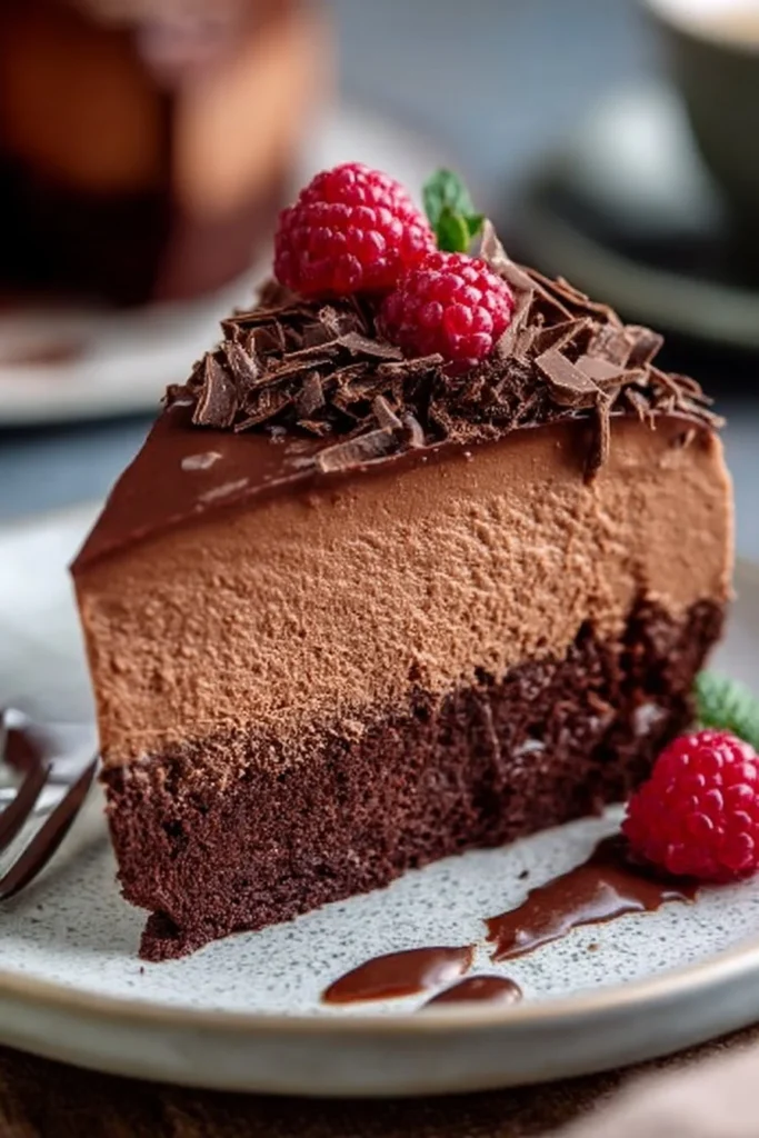 Decadent chocolate mousse cake topped with chocolate shavings and berries