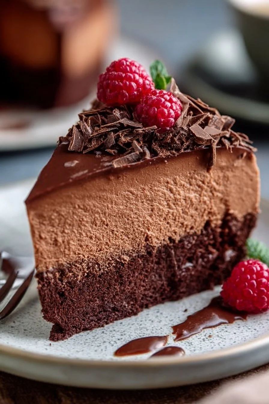 Decadent chocolate mousse cake topped with chocolate shavings and berries