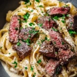 Delicious creamy steak pasta served in a bowl, perfect for a comforting dinner.