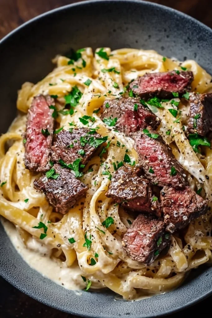 Delicious creamy steak pasta served in a bowl, perfect for a comforting dinner.