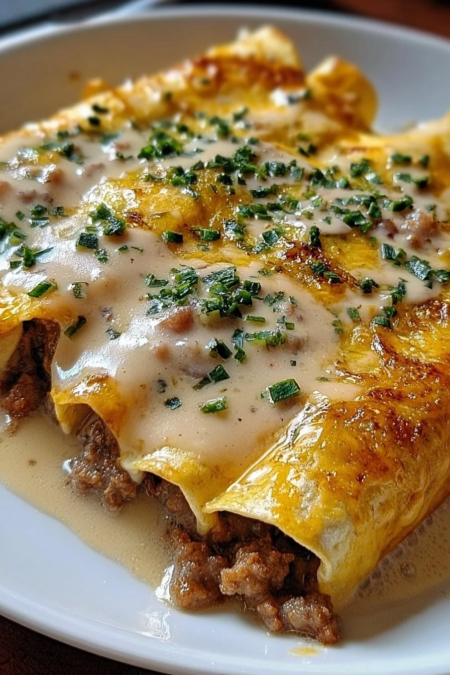 Delicious breakfast enchiladas topped with rich sausage gravy
