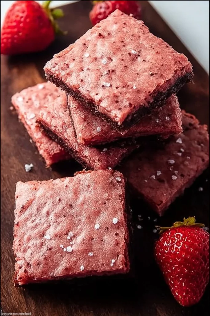 Delicious strawberry brownies topped with fresh strawberries and chocolate drizzle