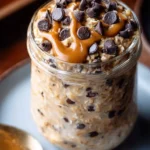 Bowl of dreamy peanut butter chocolate chip overnight oats topped with chocolate chips.