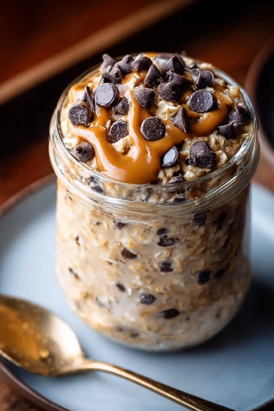 Bowl of dreamy peanut butter chocolate chip overnight oats topped with chocolate chips.
