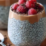 Healthy chia seed pudding in a glass topped with fresh berries