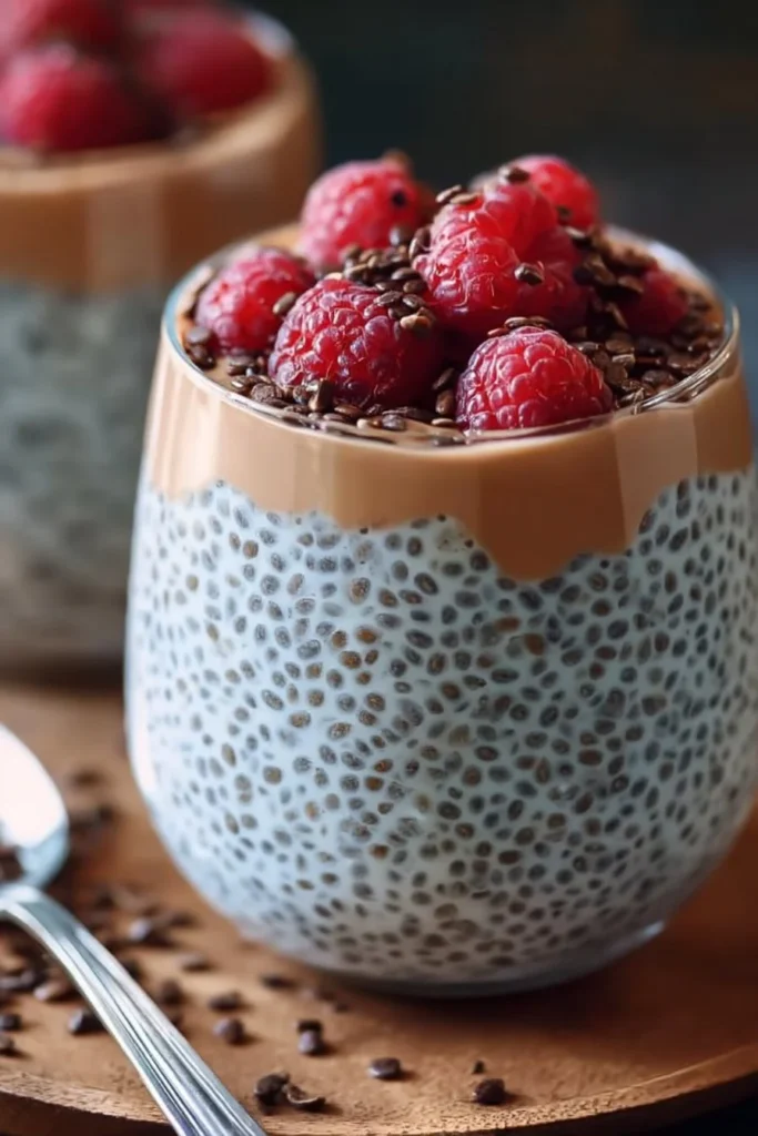Healthy chia seed pudding in a glass topped with fresh berries
