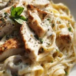 Plate of easy chicken alfredo pasta with creamy sauce and grilled chicken
