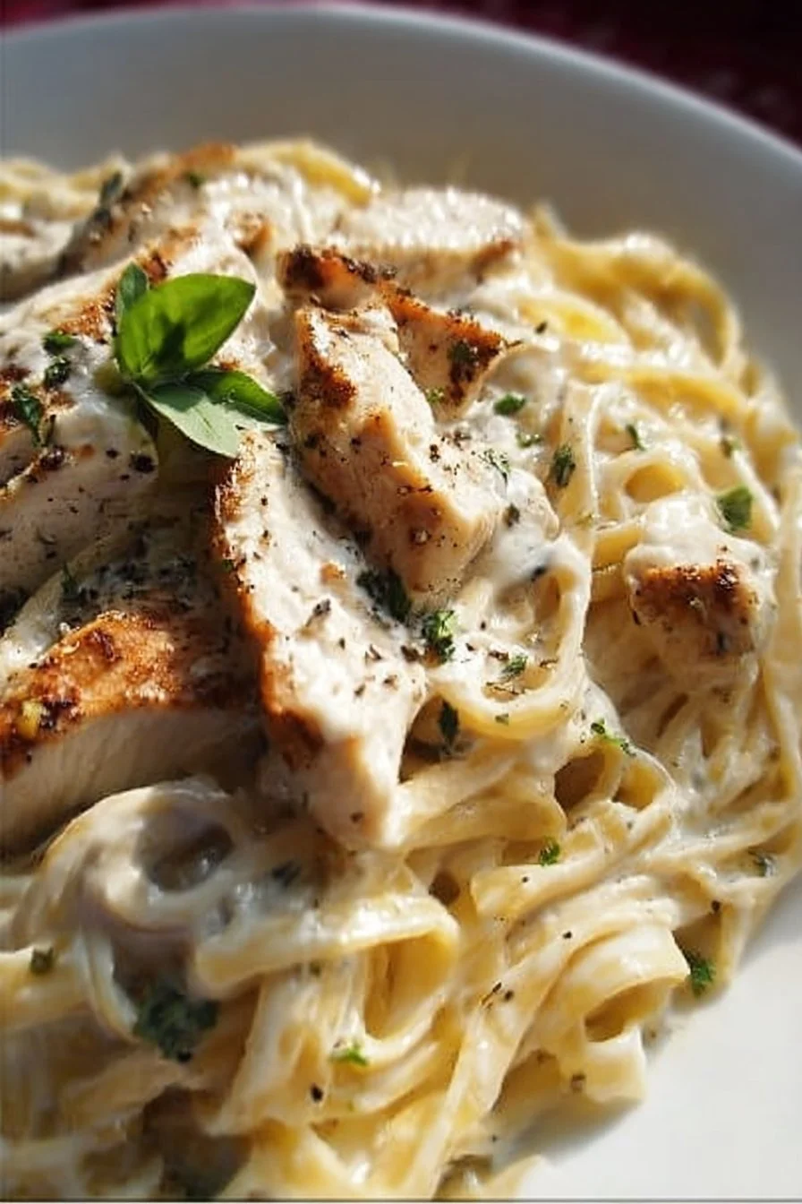 Plate of easy chicken alfredo pasta with creamy sauce and grilled chicken