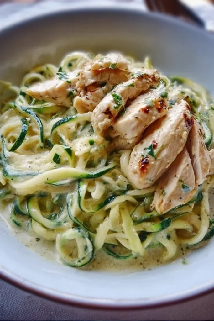 Easy Chicken Alfredo dish made with zoodles for a healthier twist