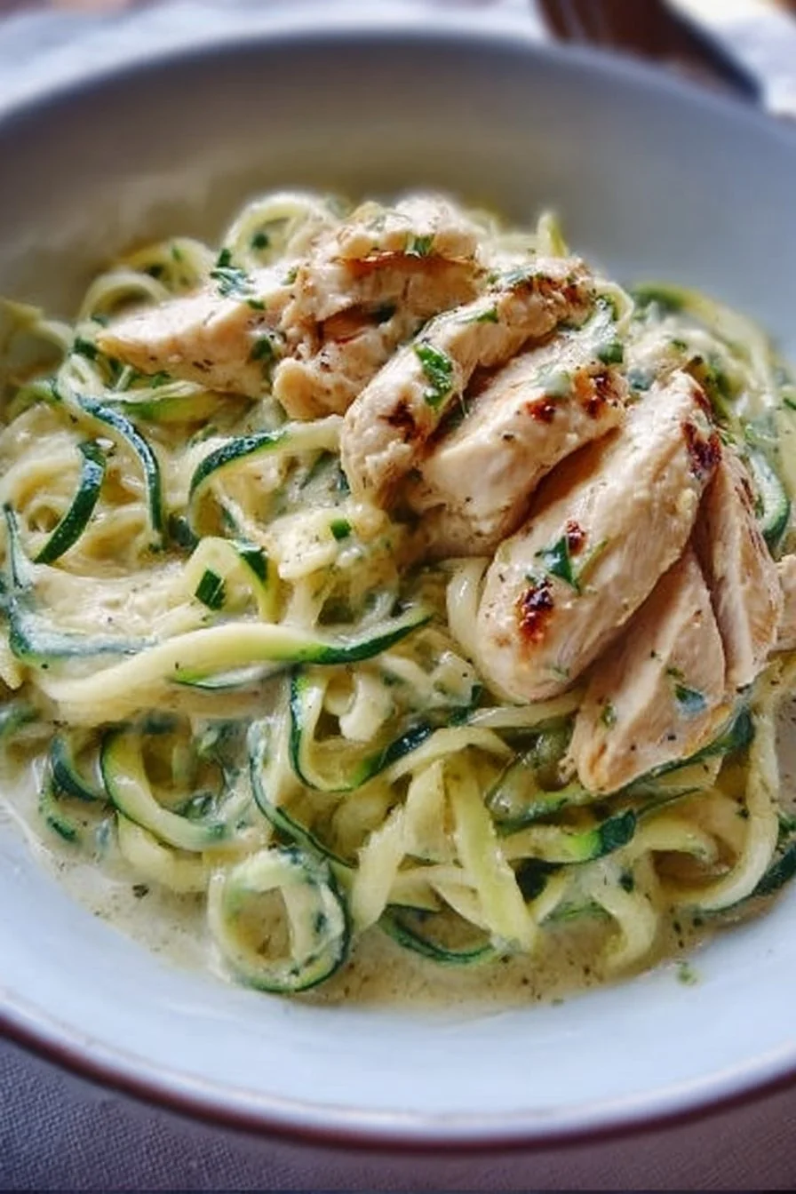 Easy Chicken Alfredo dish made with zoodles for a healthier twist