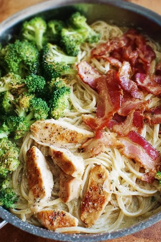 Easy chicken broccoli pasta with bacon dish served in a bowl