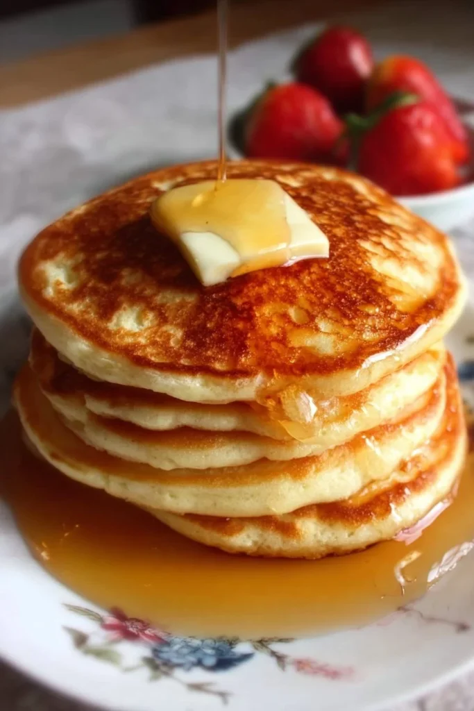 Stack of easy fluffy pancakes served with syrup and berries