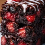 Delicious fudgy strawberry brownies drizzled with simple glaze on a plate