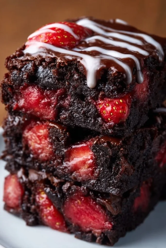 Delicious fudgy strawberry brownies drizzled with simple glaze on a plate