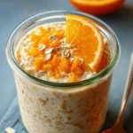 Bowl of orange creamsicle overnight oats topped with orange slices and whipped cream