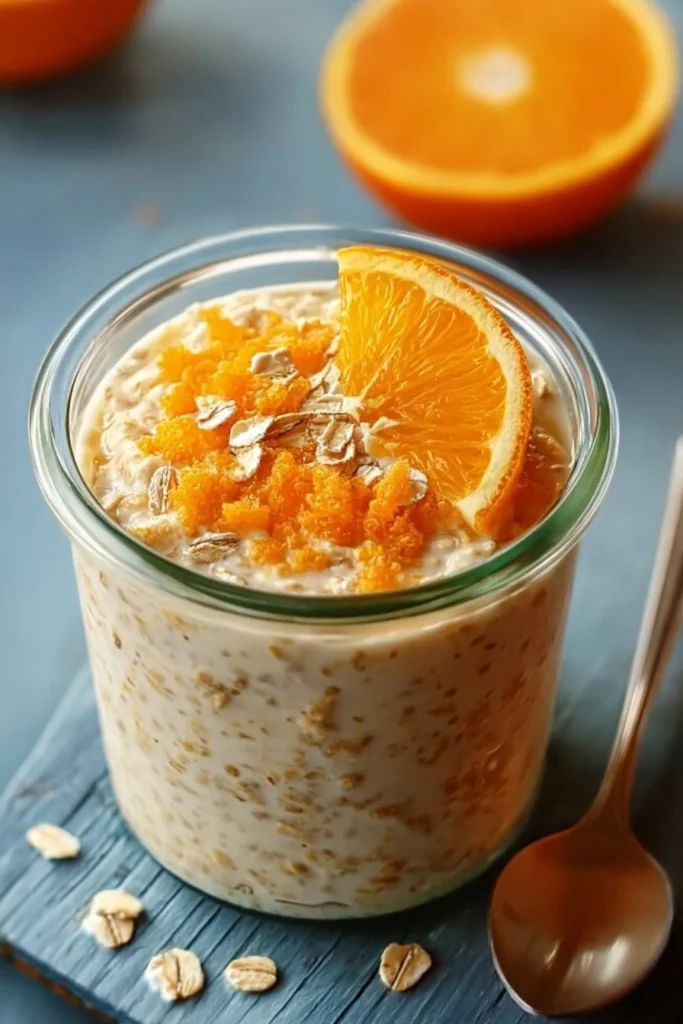 Bowl of orange creamsicle overnight oats topped with orange slices and whipped cream