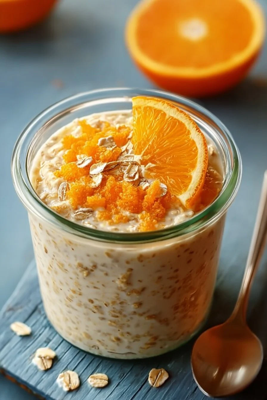 Bowl of orange creamsicle overnight oats topped with orange slices and whipped cream