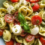 A vibrant pesto tortellini pasta salad with fresh vegetables and pesto dressing.