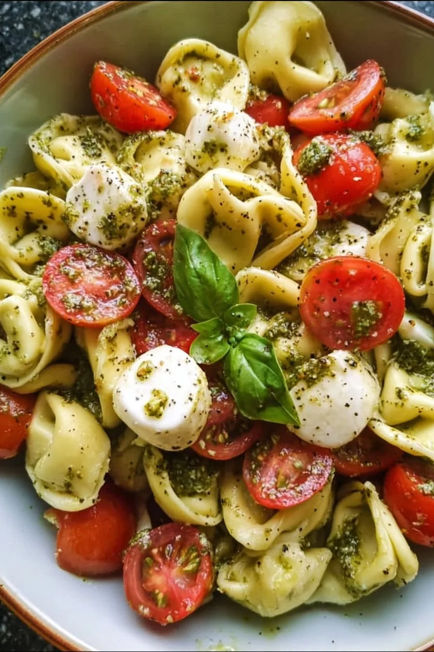 A vibrant pesto tortellini pasta salad with fresh vegetables and pesto dressing.