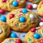 Delicious easy pudding cookies topped with M&Ms and colorful sprinkles