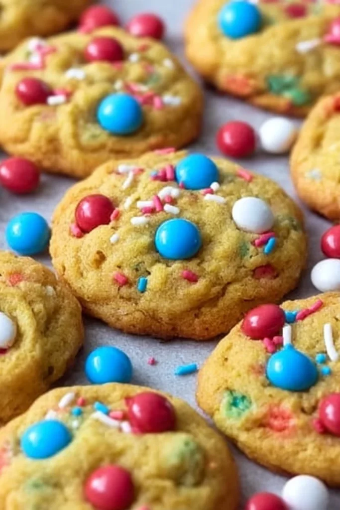 Delicious easy pudding cookies topped with M&Ms and colorful sprinkles