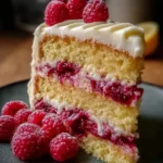 Slice of easy raspberry cake with lemon buttercream frosting on a plate