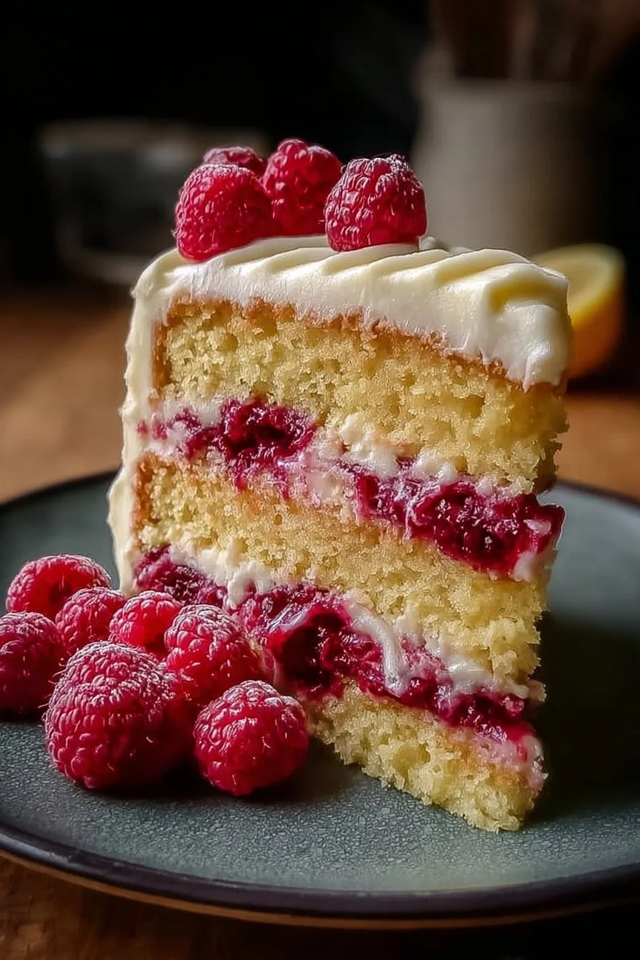 Slice of easy raspberry cake with lemon buttercream frosting on a plate