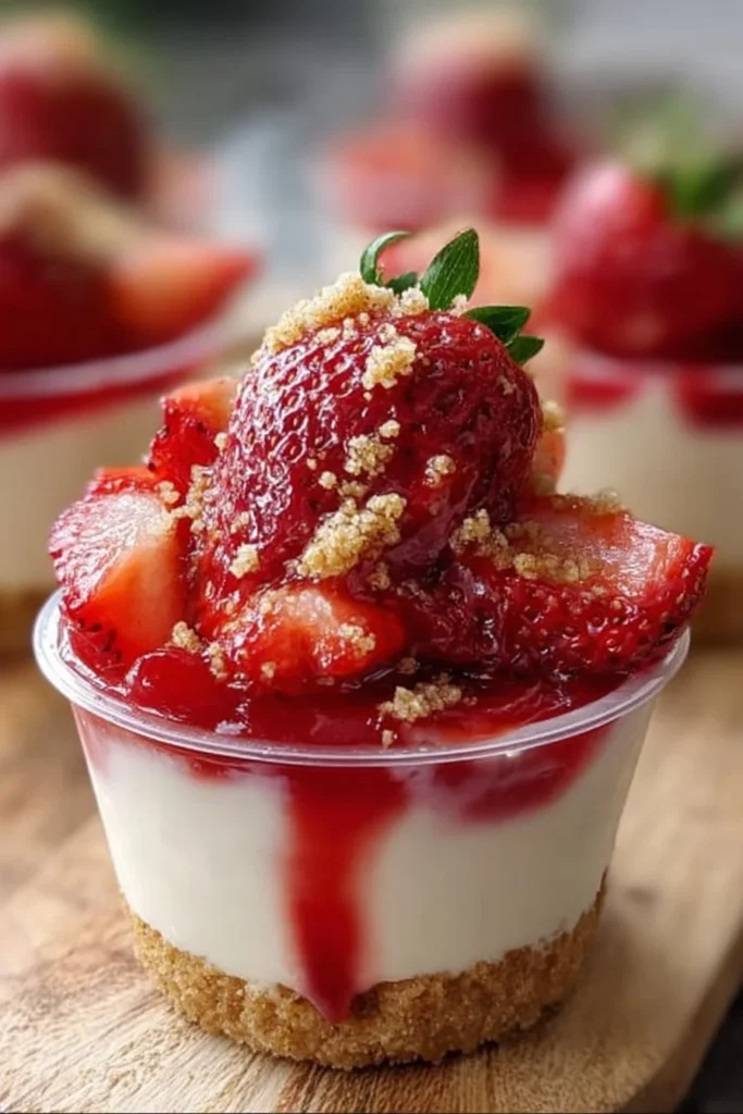 Delicious easy no-bake strawberry cheesecake cups with fresh strawberries